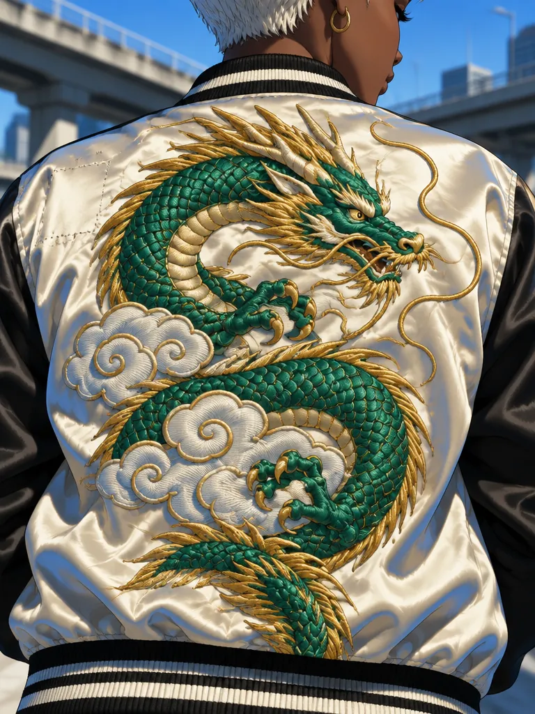 Punggung jaket satin gading Sol: naga hijau giok dan emas melilit awan sulaman.