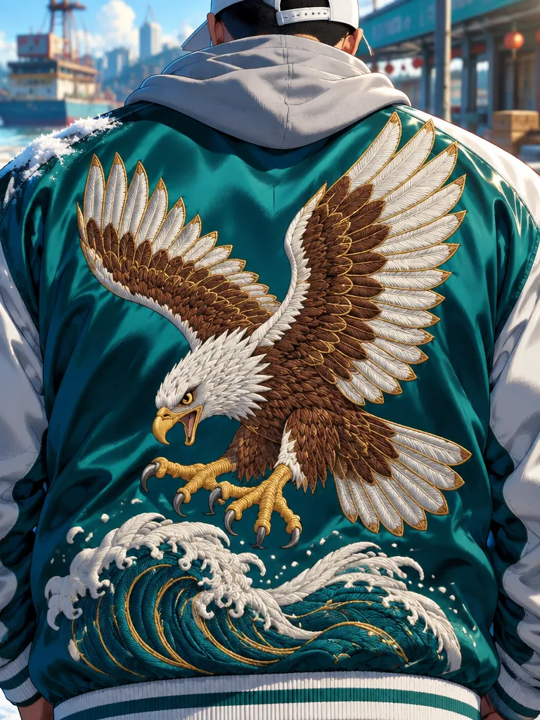 Punggung jaket satin tosca Dex: elang putih cokelat menukik dengan sayap terbentang di atas ombak sulaman.