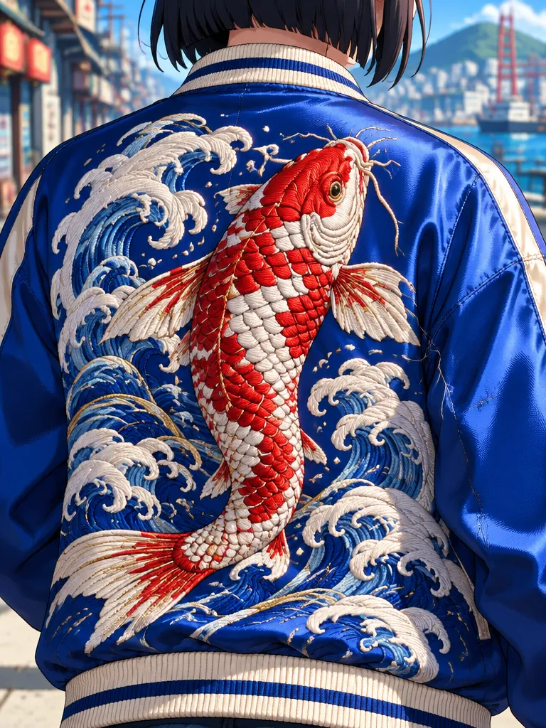 Punggung jaket satin kobalt Noa: koi merah putih berenang ke atas melewati ombak biru putih, sisiknya dijahit rapat.
