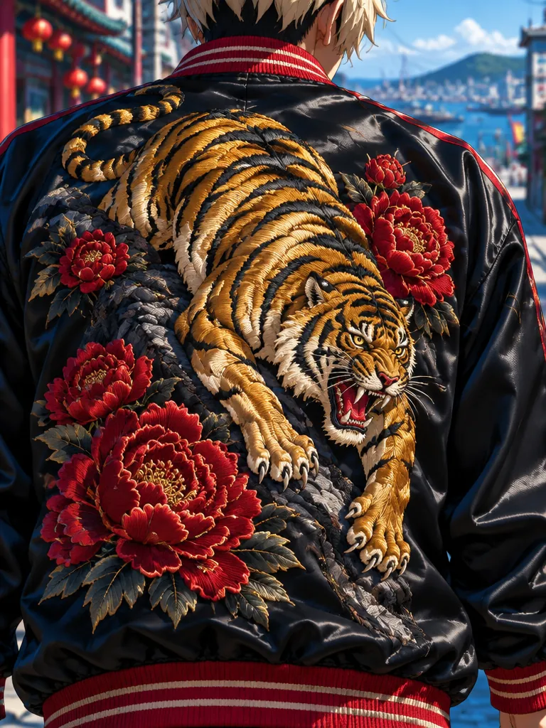 Punggung jaket satin hitam Taiga: harimau emas mengaum melompat turun dari batu di antara bunga peony merah.