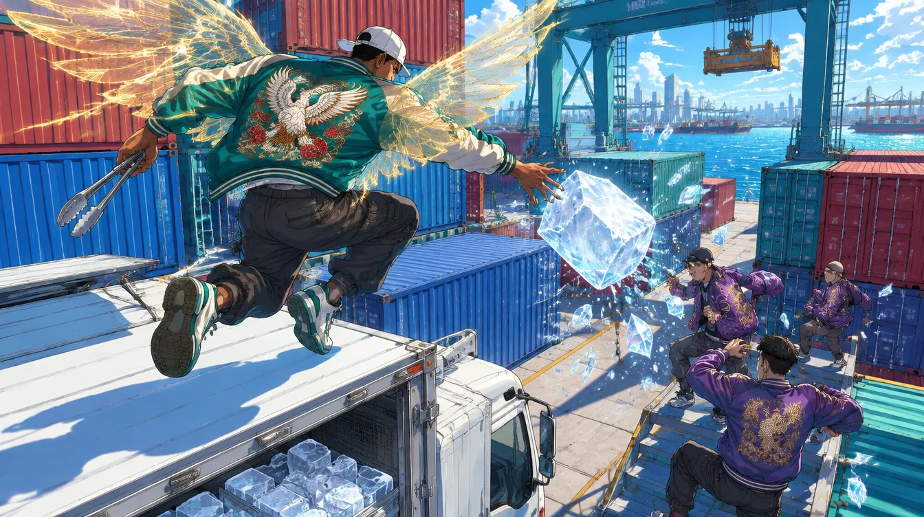 Tangkapan layar pertarungan di halaman peti kemas: Dex dalam jaket Eagle melompat dari atap truk es dengan sayap elang dari benang bercahaya, melempar balok es ke kru berjaket ungu di anak tangga.
