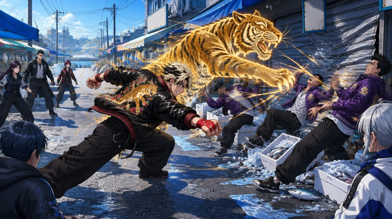 Taiga menerjang dengan harimau emas dari benang bercahaya, menghantam kru berjaket ungu di antara peti ikan dan es.