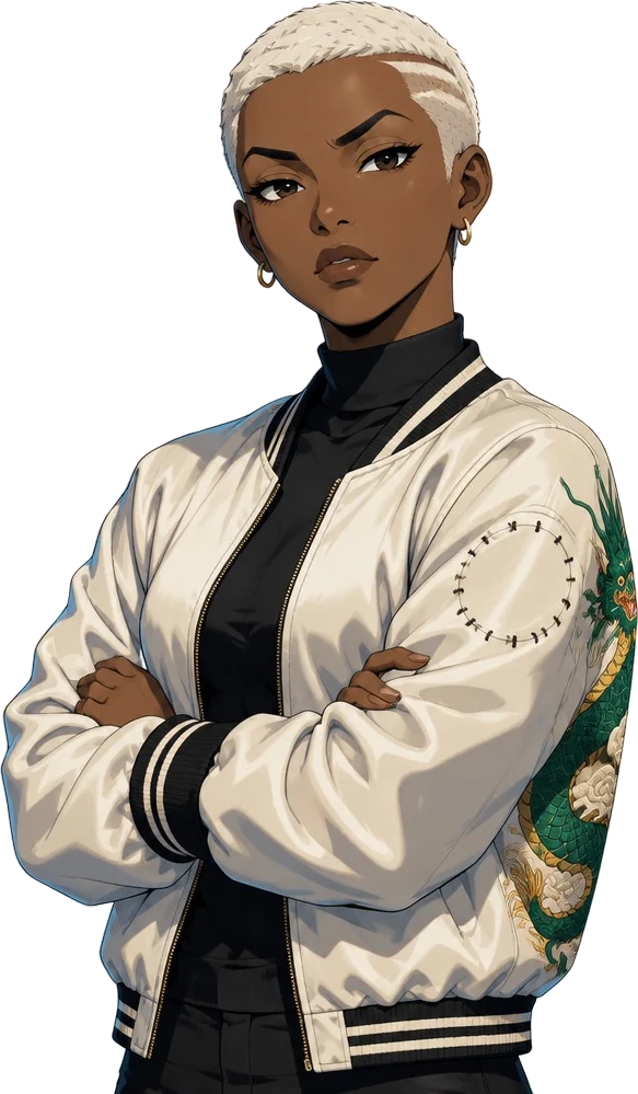Sol Adeyemi, perempuan berkulit gelap dengan potongan cepak putih platina dan anting emas, jaket satin gading di atas turtleneck hitam, melipat tangan.