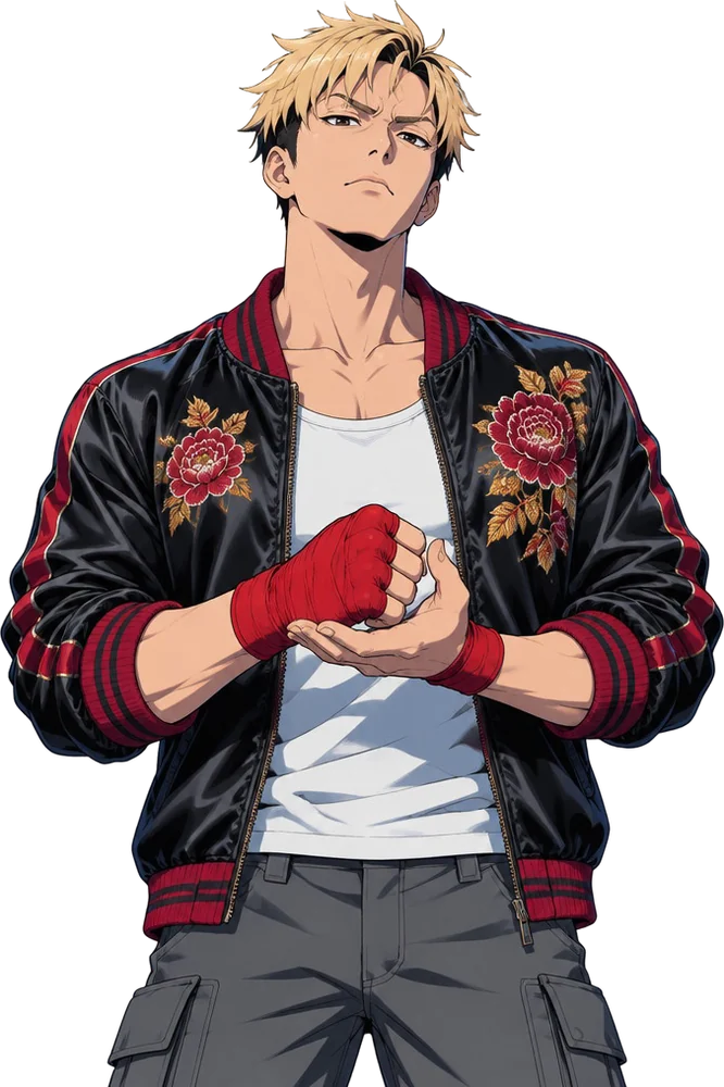 Taiga Tsujimoto, rambut pirang acak berakar gelap, jaket satin hitam dengan manset merah peony, meninju telapak tangan dengan kepalan berbalut pita merah.