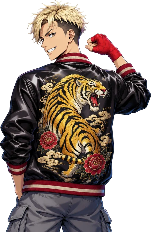 Taiga menoleh ke belakang sambil mengangkat kepalan, mengenakan jaket satin hitam bersulam harimau emas.